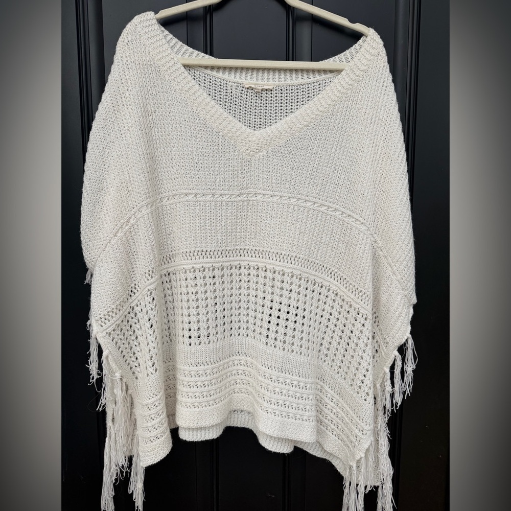 V-Neck Open Knit Poncho Sweater in Cream - Picture 1 of 3